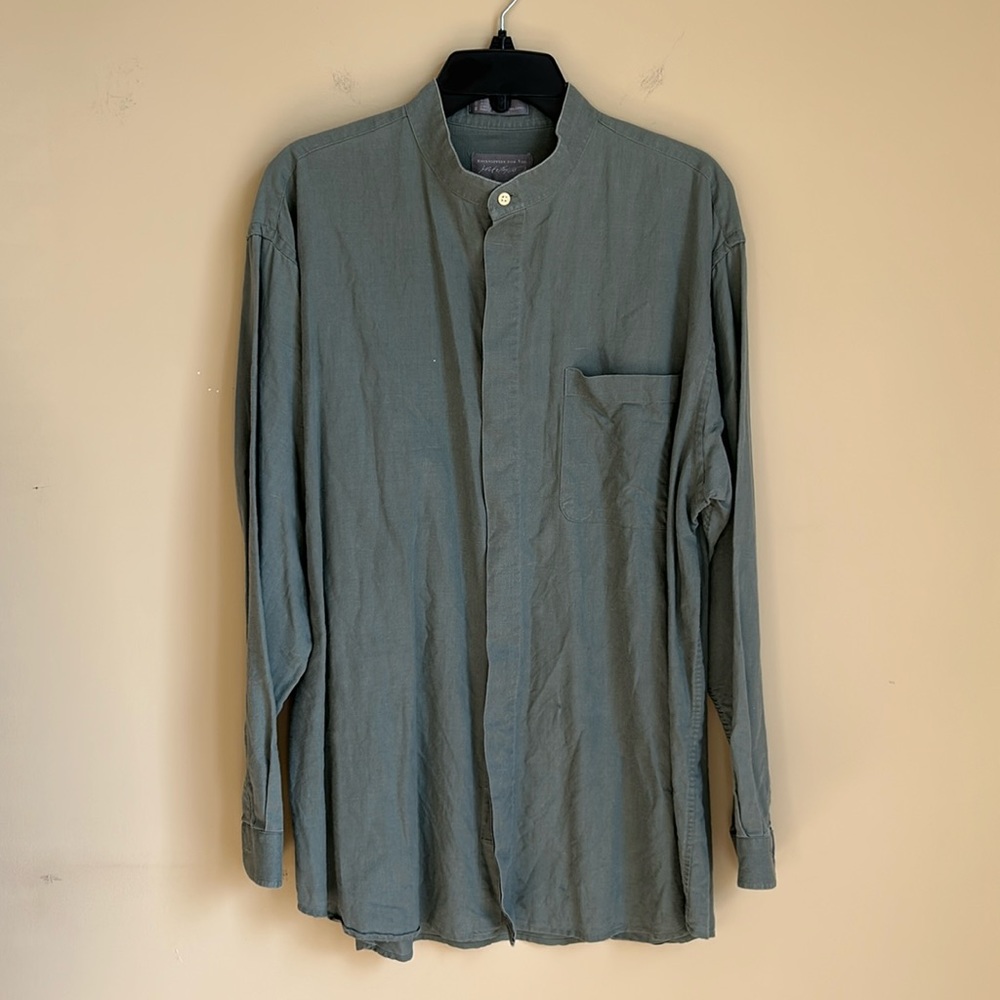 Lord and Taylor mandarin collar button front linen shirt.  Dark olive.  Size XL